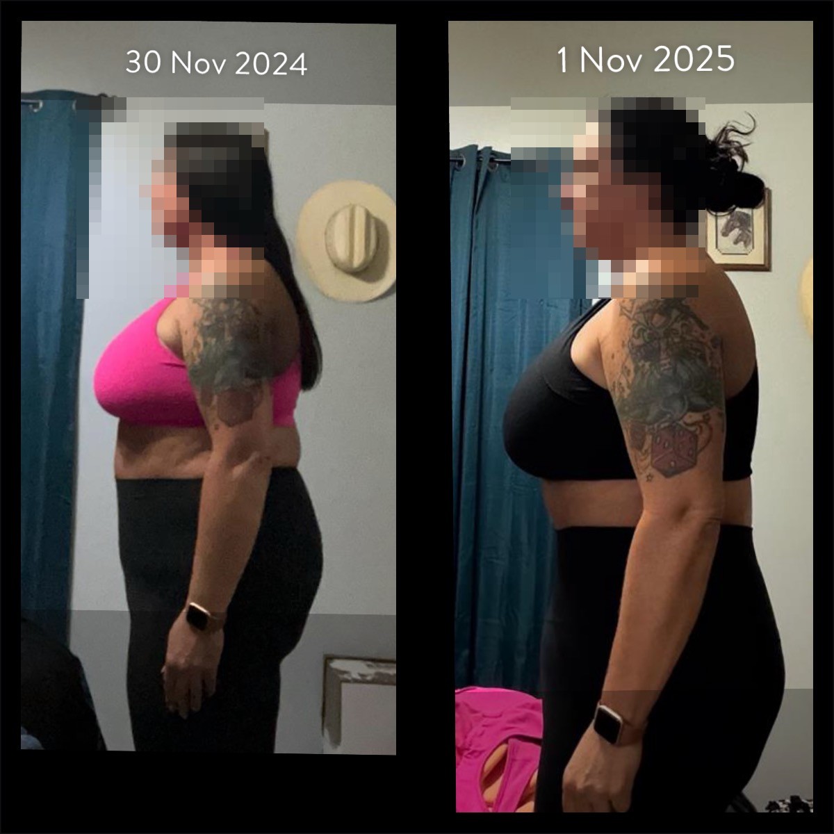 Real client before and after transformation — side profile