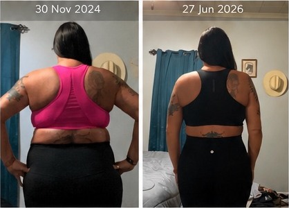 Sharon's transformation, back view, comparing 30 November 2024 with 27 June 2026